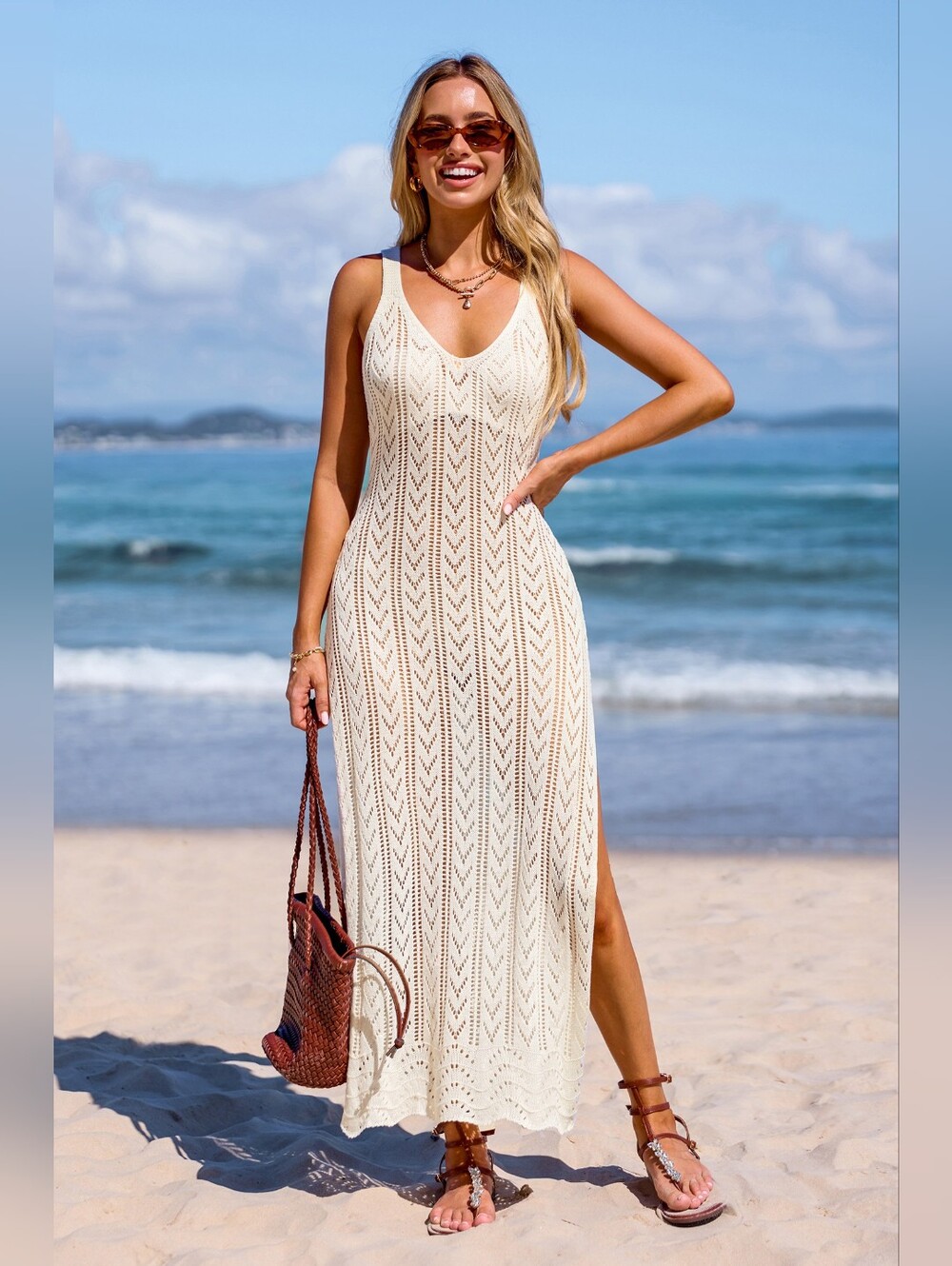 NEW Cupshe Maxi Crochet Cover Up Dress Beach Cream Ivory Sheer Beach Vacation XL